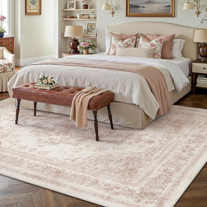 Washable Rug 8x10 Area Rug for Living Room Pink Vintage Boho Medallion Large Distressed Retro Carpet Non Slip Indoor Low Pile Small Soft Bedroom Dining Room Home Office