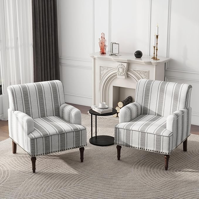Modern Accent Chair with Arms,2 Set Mid Century Stripe Armchair for Living Room,Comfy Linen Fabric Single Sofa for Apartment Bedroom,Comfortable Cushioned Seat for Reading Home Office-Gray Stripe