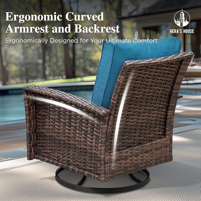 HERA'S HOUSE Outdoor Swivel Chairs Set of 2 with 5.5" Thick Cushions, High Back Patio Furniture, Oversized Wicker Rattan Chairs for Deck Balcony Backyard, Blue