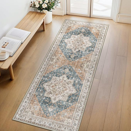 GENIMO 2x10 Runner Rugs for Hallway, Machine Washable Non Slip Vintage Rugs, Low Pile Lightweight Soft Print Rug for enrtyway, Corridor, Home Office, Kitchen, Blue Brown