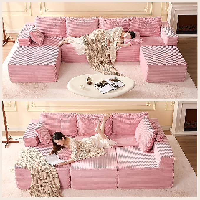 138" Boneless Couch with Deep Seat, Modular Sectional Sofa, Cloud Sectional Couch for Living Room, No Assembly Required, Corduroy, U-Shape 4 Seater Left, Pink
