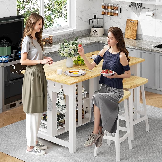 47.3" Solid Rubberwood Kitchen Island with Power Outlets - Extra Large Work Surface, 2 Drawers & Open Shelves Storage Cabinet for Kitchen Dining Room, Farmhouse Style (White)