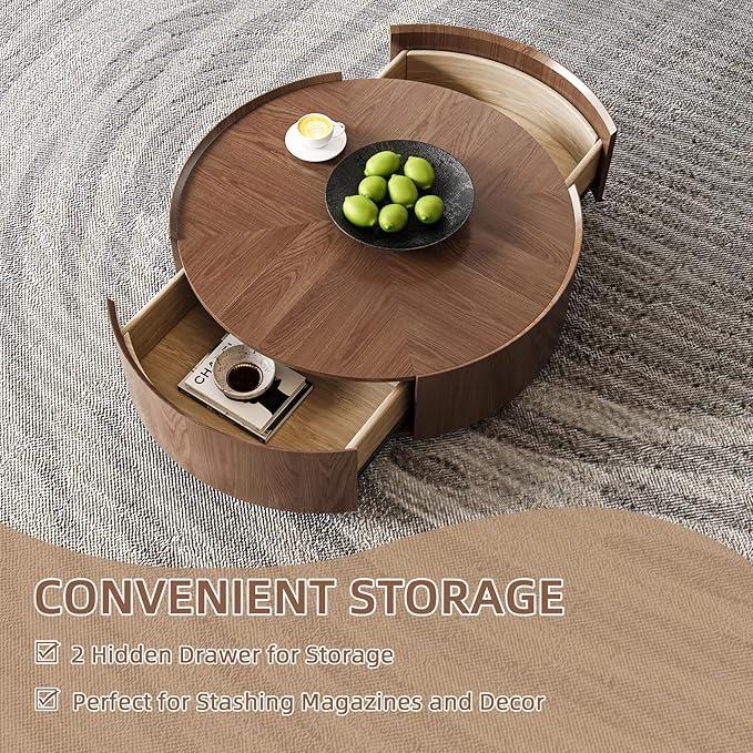 Luxury Solid Wood Coffee Table for Living Room,Fully Assembled 39.4'' Round Coffee Table with Storage, Minimalist Center Table with Metal Base,Walnut Finish,No Installation Needed