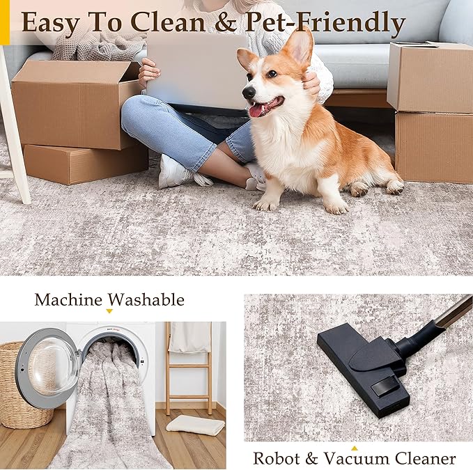 Washable Beige Area Rug 8x10 Modern Abstract Living Room Large Carpet Bedroom Neutral Soft Throw Rug Low Pile Non Slip Indoor Contemporary Floor Cover for Dining Room Office