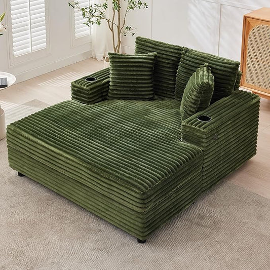 GarveeHome Oversized Chaise Lounge Chair Indoor, 56x60 Inch Comfortable Corduroy Lounge Sofa with Charging Ports & Cup Holders, Cozy Reading Couch for Bedroom Living Room Apartment, Green