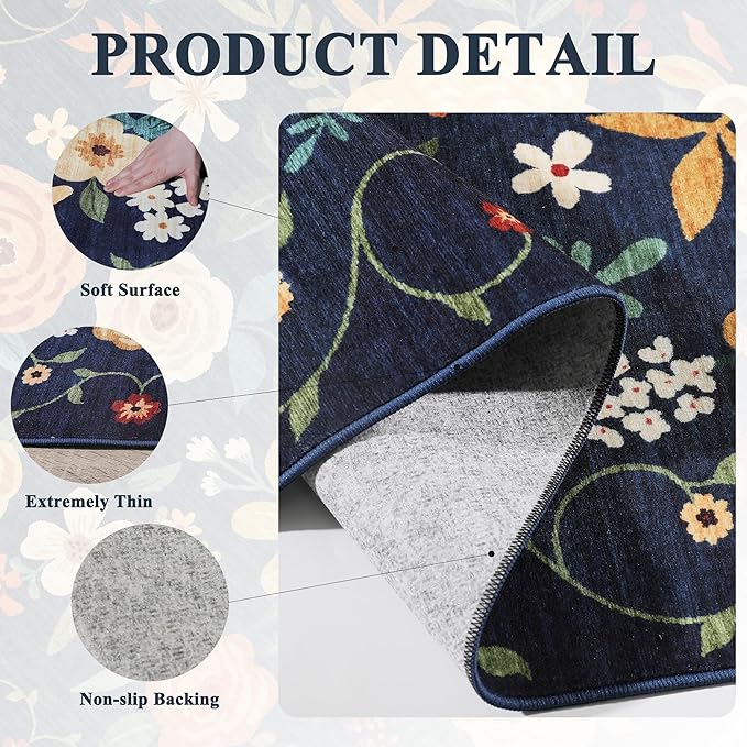DUKINO 3x5 Area Rug, Floral Rugs for Living Room, Lightweight Non Slip Washable Rug, Indoor Low Pile & Non-Shedding Boho Design Rugs for Bedroom, Living Room, Dining Room, Dark Blue