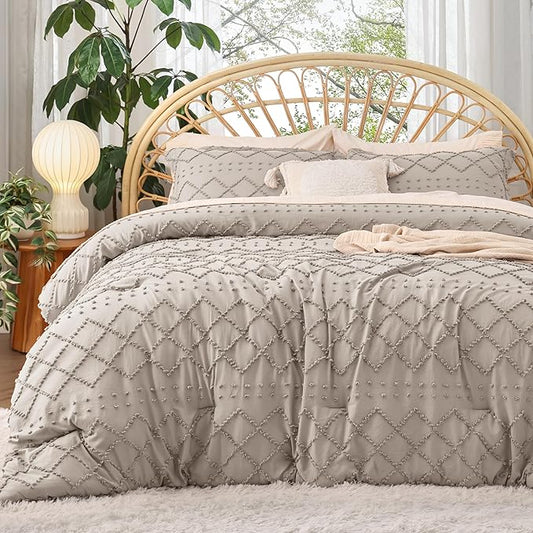 Bedsure Twin Comforter Set - Linen Comforter, Boho Tufted Shabby Chic Bedding for Kids, 2 Pieces Vintage Farmhouse Bed Set for All Seasons, Fluffy Soft Bedding with 1 Pillow Sham