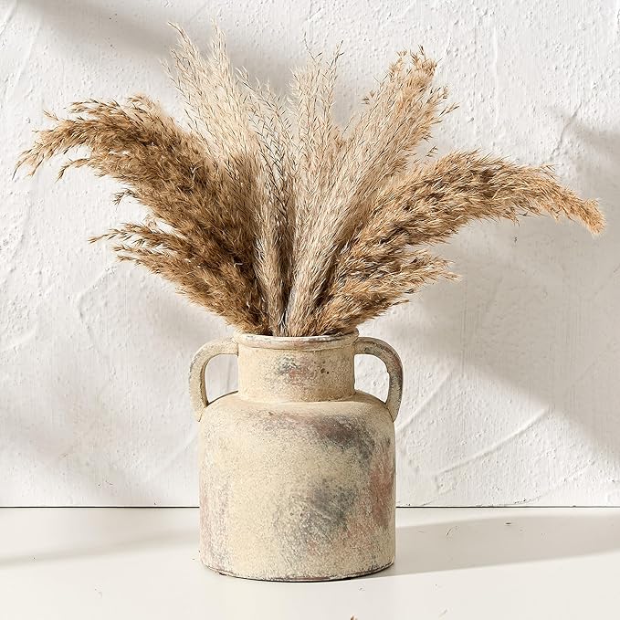 Antique Ceramic Vase with 2 Handles, 6.1 Inch Farmhouse Rustic Flower Vase, Small Vintage Terra Cotta Vases for Home Decor, Wedding, Living Room, Table, Shelf Decor, Neutral