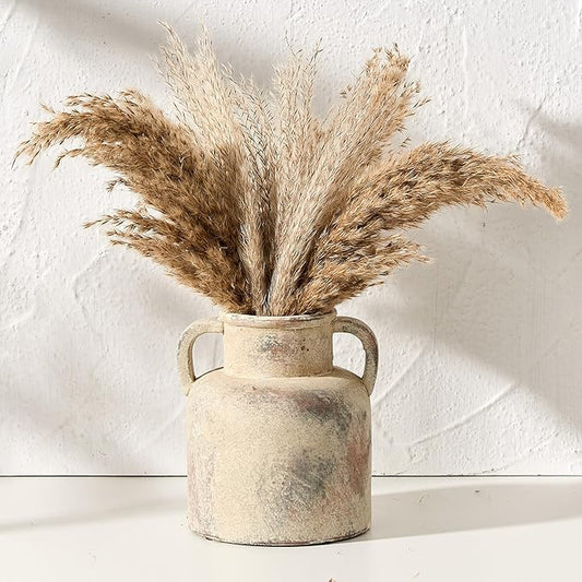 Antique Ceramic Vase with 2 Handles, 6.1 Inch Farmhouse Rustic Flower Vase, Small Vintage Terra Cotta Vases for Home Decor, Wedding, Living Room, Table, Shelf Decor, Neutral