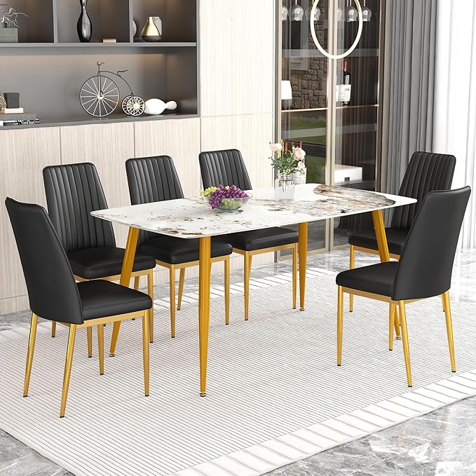 62" Marble Dining Room Table Set for 6 Rectangle Modern Dinner Table with Sintered Stone Top Golden Metal Legs Kitchen Table Chair Set for Dining Room (62" Golden+6Black Chairs)