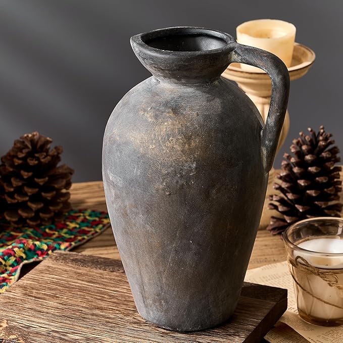 Antique Rustic Ceramic Vase, 9.3 Inch Tall Large Terracotta Vase with Handle, Vintage Farmhouse Pottery Vase for Home Decor, Living Room, Entryway, Wedding, Thanksgiving - Black Bronze