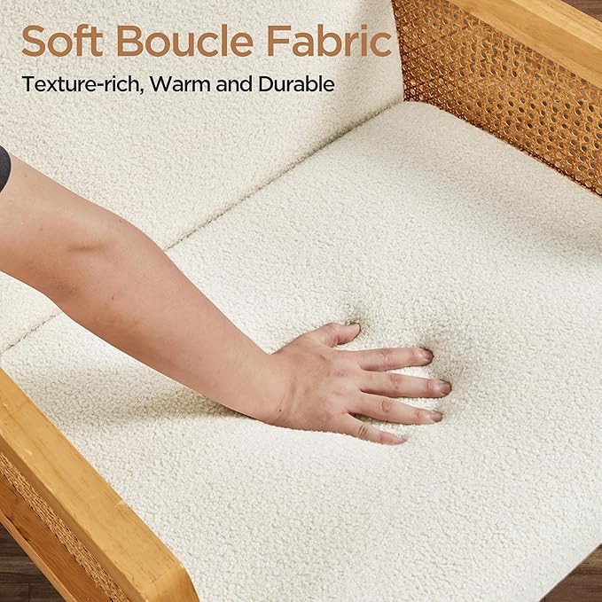 Yaheetech Boucle Fabric Accent Chair, Vintage Rattan Vanity Chair with Wood Armrest and Legs for Living Room Bedroom Makeup Room, Ivory 1