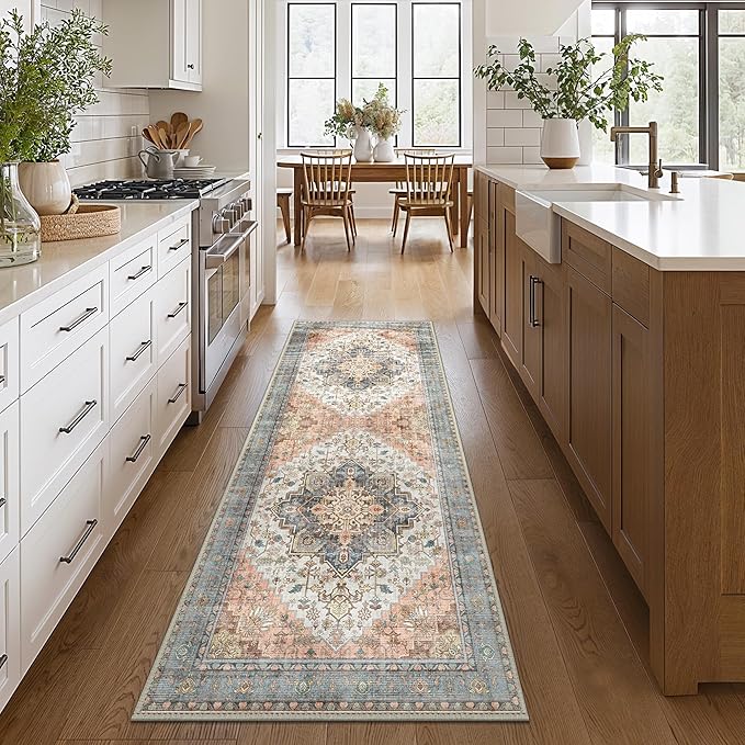 GENIMO 2x10 Runner Rugs for Hallway, Machine Washable Non Slip Vintage Rugs, Low Pile Lightweight Soft Print Rug for enrtyway, Corridor, Home Office, Kitchen, Blue Brick Red