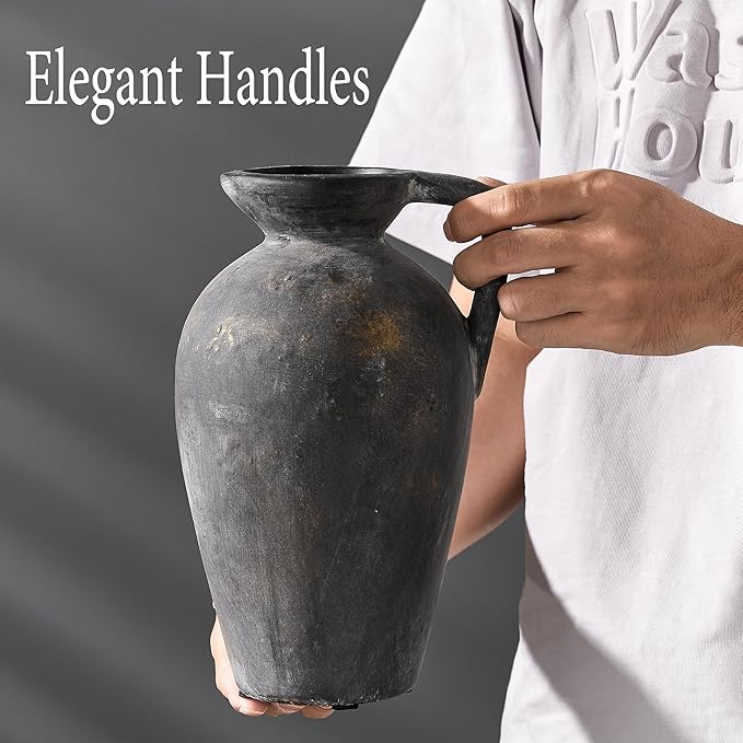 Antique Rustic Ceramic Vase, 9.3 Inch Tall Large Terracotta Vase with Handle, Vintage Farmhouse Pottery Vase for Home Decor, Living Room, Entryway, Wedding, Thanksgiving - Black Bronze