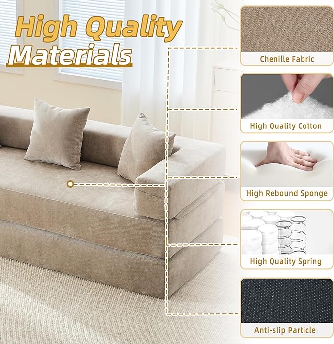 Convertible Floor Sofa Bed with Storage Pocket, Chenille Folding Mattress Sofa with Zipper Closure, Floor Lounge Couch for Living Room, Bedroom, Studio-Khaki