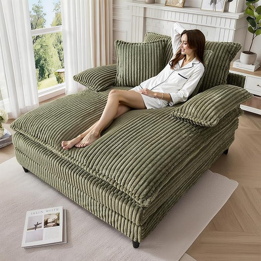 55" W Oversized Chaise Lounge Sofa Couch with 5-Position Adjustable Backrest, Corduroy Sleeper Chair Sofa Bed, Reading Chair ‌with Deep Seat, Cloud Couches for Living Room, Bedroom, Green