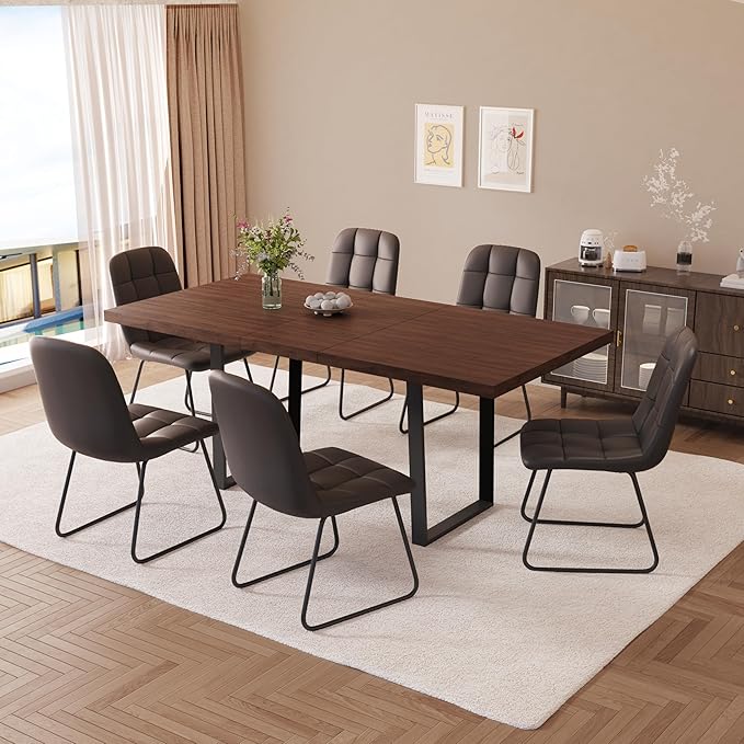ZckyCine 79" Expandable Walnut Dining Table with 6 PU Leather Chairs, 7-Piece Modern Dining Set, Sturdy Metal Legs, Adjustable 63"-79" Rectangle Table for Kitchen & Dining Room