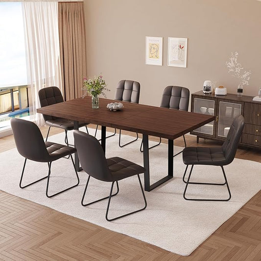 ZckyCine 79" Expandable Walnut Dining Table with 6 PU Leather Chairs, 7-Piece Modern Dining Set, Sturdy Metal Legs, Adjustable 63"-79" Rectangle Table for Kitchen & Dining Room