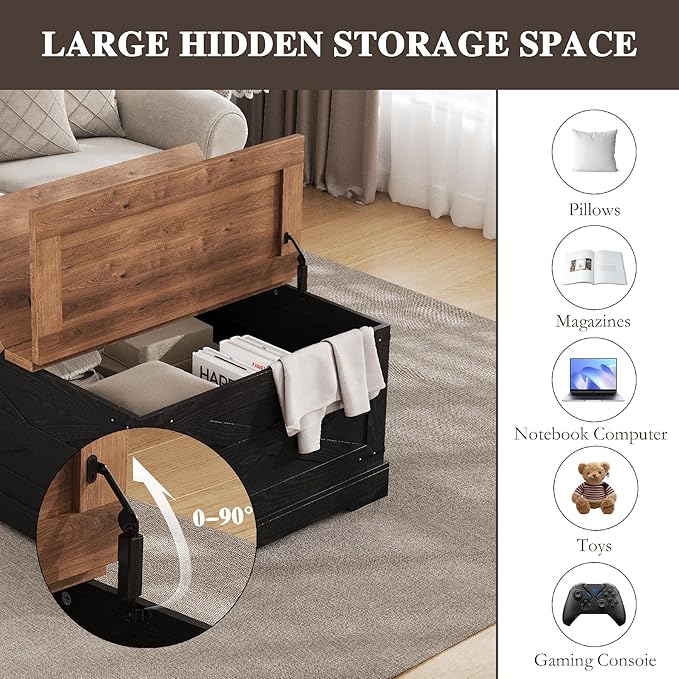 Farmhouse Coffee Table with Hidden Storage, Black Square Coffee Table for Living Room, Wood Large Center Table with Hinged Lift Top for Home, Office