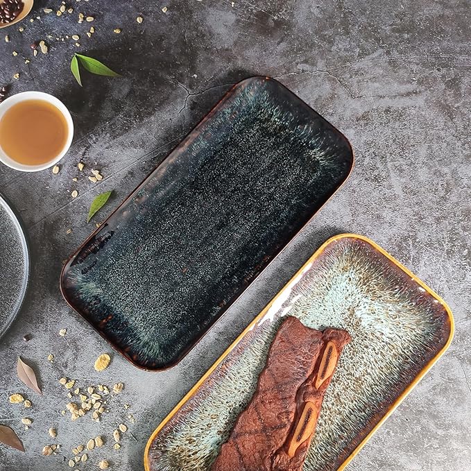 Ceramic Serving Dinner Plate Set, 4-Piece for Main Meals, Tacos, Lunches, Snack, Platters - Microwave and Dishwasher Safe, Scratch Resistant, Kitchen Serving Dinnerware, Black 12.4 Inch