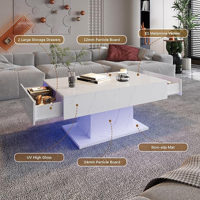 White Marble Led Coffee Table with 2 Storage Drawers for Living Room, Living Room Table Rectangular Center Table, Modern High Glossy Wooden Coffee Tables with Lights for Dining Reception Room