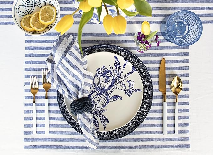 Solino Home Linen Napkins Set of 4-100% Pure Linen Amalfi Stripe Navy and White Cloth Dinner Napkins 20 x 20 Inch for Fall, Autumn, Thanksgiving, Christmas - Handcrafted and Machine Washable