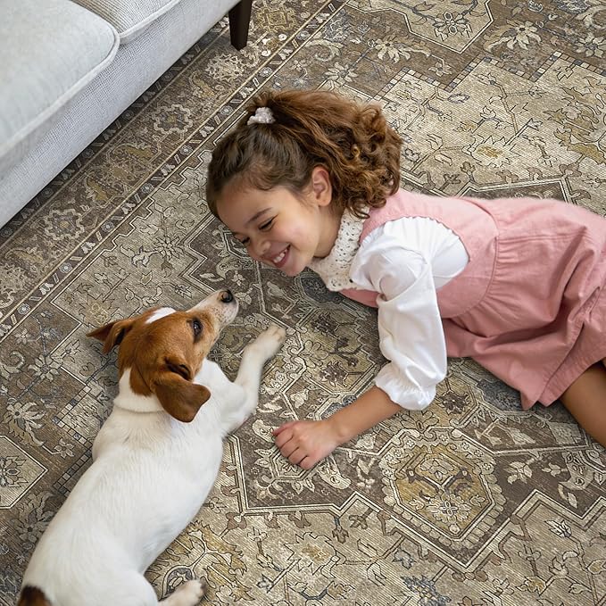 GENIMO 2'6''x14 Runner Rugs for Hallway, Machine Washable Non Slip Vintage Rugs, Low Pile Lightweight Soft Print Rug for enrtyway, Corridor, Home Office, Kitchen, Rustic Brown