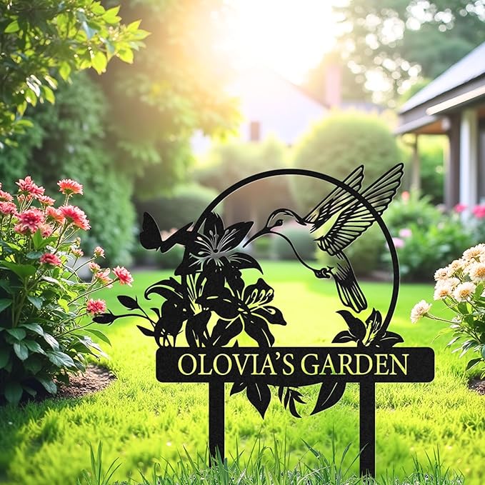 Personalized Metal Garden Sign, Custom Name Stake Decor, Hummingbird Yard Art, Outdoor Gardening Metal Decor, Home Garden Stake, Gifts for Gardeners