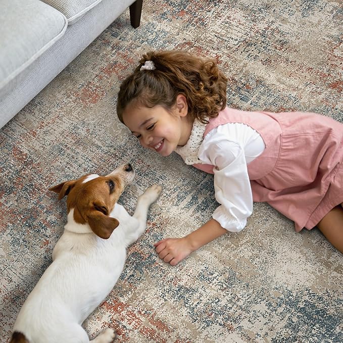 GENIMO Washable Area Rugs for Living Room, 8x10 Modern Non Slip Rugs, Low Pile Lightweight Soft Print Rug for Bedroom, Dining Room, Home Office, Multi