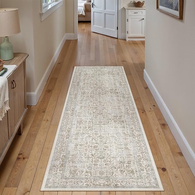 Taupe Runner Rug 2x6 Hallway Machine Washable Kitchen Vintage Distressed Non Slip Long Carpet Indoor Retro Floral Bedroom Accent Throw Rug for Bathroom Office Laundry Dining Living Room