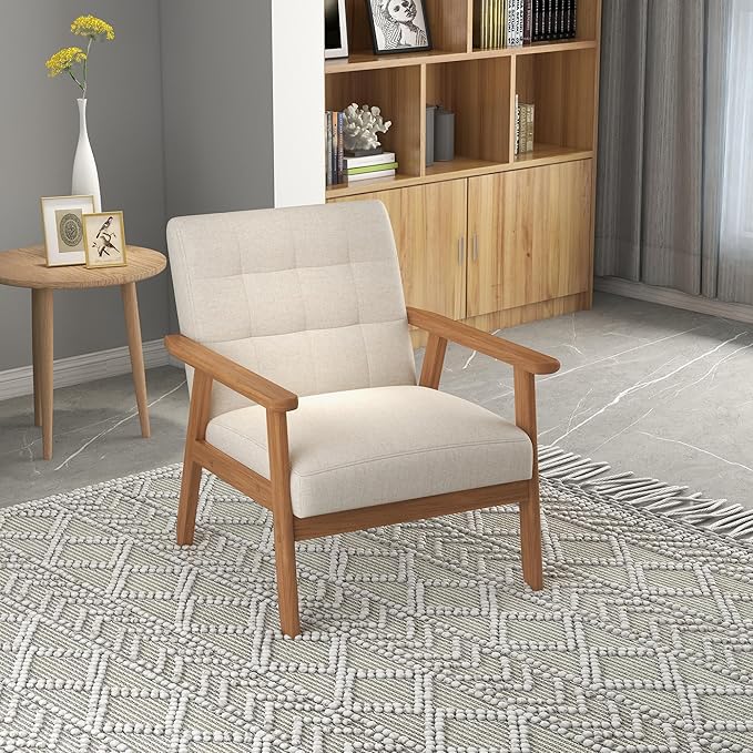 Westice Accent Chair Set of 2, Mid-Century Modern Living Room Chairs with Solid Wood Frame & Soft Thicken Cushion, Upholstered Arm Reading Chair for Bedroom, Balcony, Beige Linen Fabric & Natural Legs