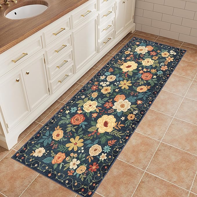 DUKINO 2x5 Runner Rug for Hallway, Washable Kitchen Floral Runner Rug with Non Slip Backing, Low Pile Soft Boho Carpet for Kitchen, Hallway, Entryway, Laundry, Bedroom, Navy Blue