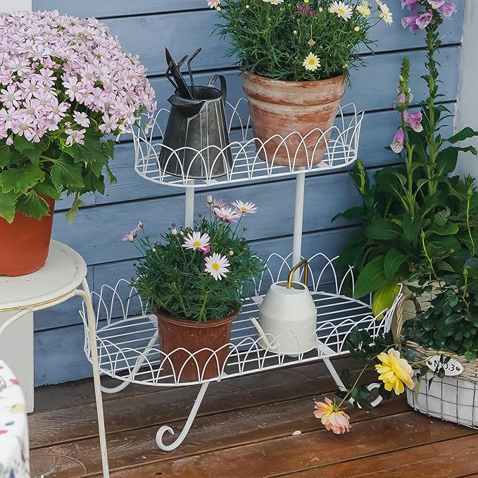 White Oval Plant Stand for Plants, French Provincial Side Table with Floral Accents, Low Indoor Greenery Display Shelf Garden Decor