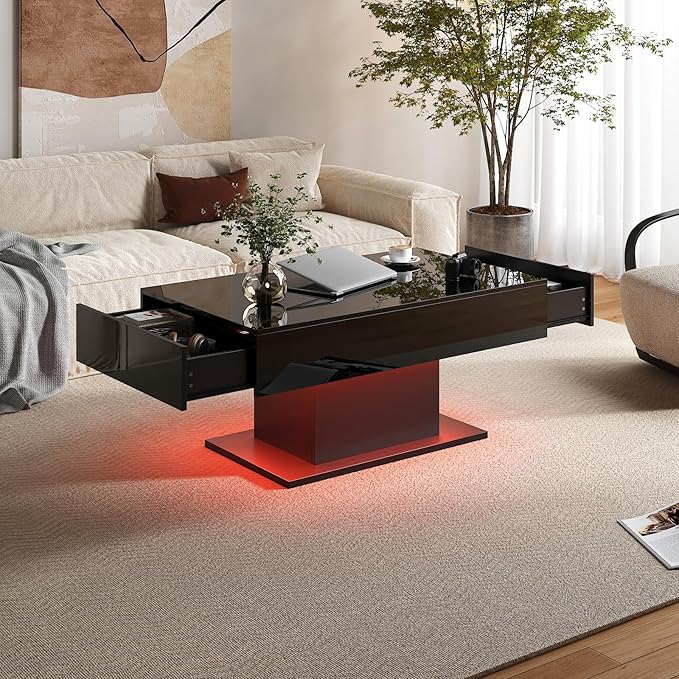 Black Led Coffee Table with 2 Storage Drawers for Living Room, Living Room Table Rectangular Center Table, Modern High Glossy Wooden Coffee Tables with Lights for Dining Reception Room