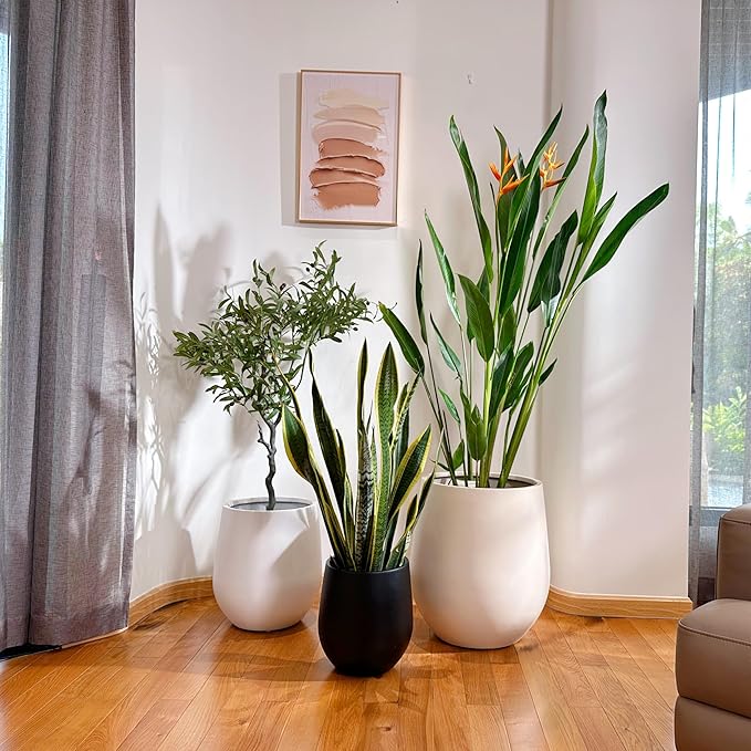 12.5"H x 11.4"D Corso Fiberstone Round Tapered Planter with Drainage Hole, Smooth Finishes, Weather Resistant for Indoor and Outdoor Use, Included 2 Extra Coco Mats (White, 9" Pot Opening)