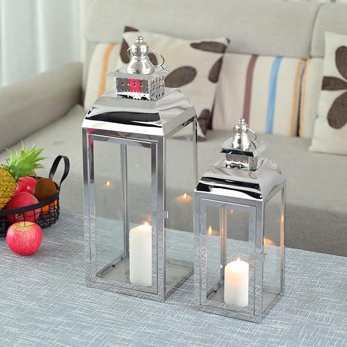 JHY DESIGN Set of 2 Stainless Steel Decorative Candle Lanterns 20.5"&15" High Metal Candle Lanterns for Indoor Outdoor Events Parities Weddings Vintage Style Hanging Lantern