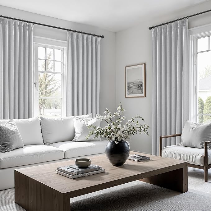 Light Grey Blackout Curtains 102 Inch Long for Living Room, Pinch Pleated Flax Linen Modern Insulated Drapes Bedroom Ceiling to Floor Curtain 2 Panels Set Privacy Windows (40"Wx102"Lx2 Light Gray)