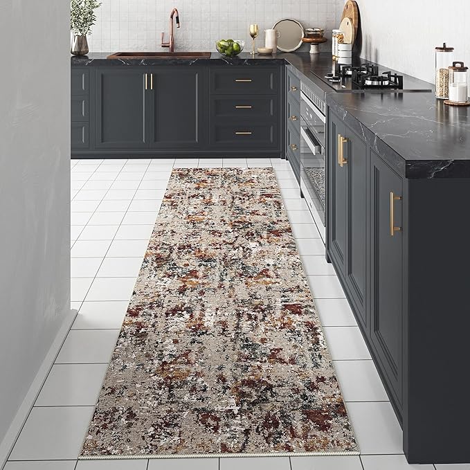 Modern Brown Runner Rug 2x6 Washable Hallway Red Brown Multi Bedroom Carpet Non Slip Kitchen Indoor Accent Neutral Abstract Distressed Throw Rug Dining Laundry Living Room Bathroom