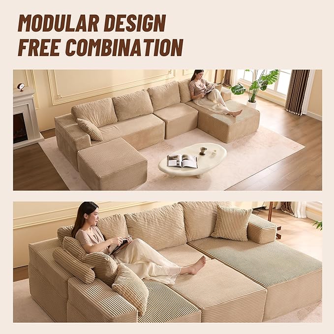 138" Boneless Couch with Deep Seat, Modular Sectional Sofa, Cloud Sectional Couch for Living Room, No Assembly Required, Corduroy, U-Shape 4 Seater Right, Camel