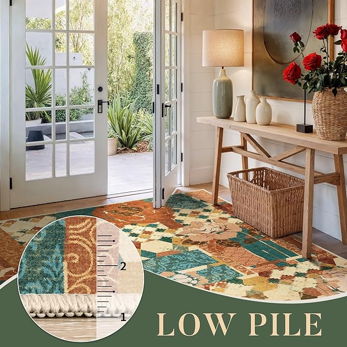 GENIMO Floral Runner Rug 2'6''x8, Machine Washable Non Slip Vintage Patchwork Hallway Runner, Ultra-Thin Low Pile Runners for Indoor Entryway, Hallway, Kitchen and Corridor,Rose Red