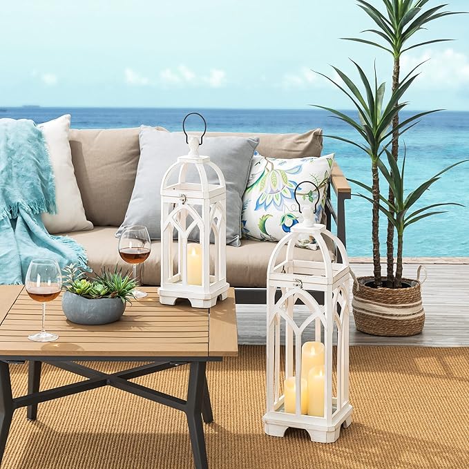 Glitzhome Farmhouse Decorative Lanterns Wooden Candle Lantern Church Window Frame Lanterns for Wedding Mantle Entryway Home Patio Balcony Garden, Pack of 2, Wash White, No Glass