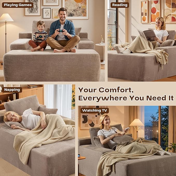 Chaise Lounge Chair Indoor, Oversized Sleeping Couch 67" L * 48.5" W Assembly Free Modern Minimalist Sofa, Extra Deep Large Single Seat Sofa for Living Room (Camel Corduroy Fabric)