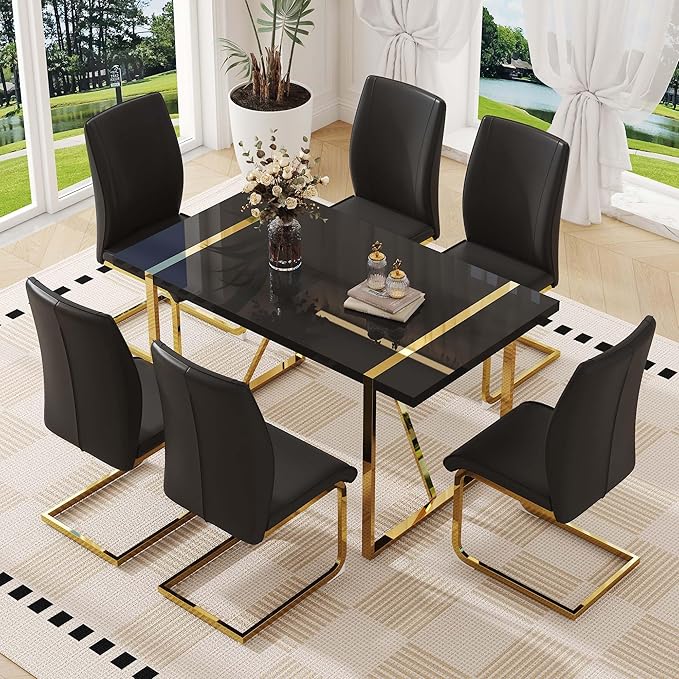Black Dining Table Set for 6, 55" Dinner Table Set for 6, 1.5" Black Glossy Wood Tabletop with Gold Metal Legs, Modern Kitchen Table Set with 6 Bow-legged Faux Leather Chairs for Dining, Small Space