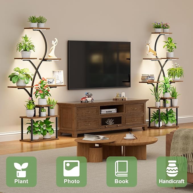 CODACE Plant Stand Indoor with Grow Lights - 62" Tall Plant Shelf Indoor, Lighted Corner Plant Stands for Indoor Plants, 8 Tiered Flower Spike-Shaped Rack for Living Room, Patio, Balcony Decor（Black