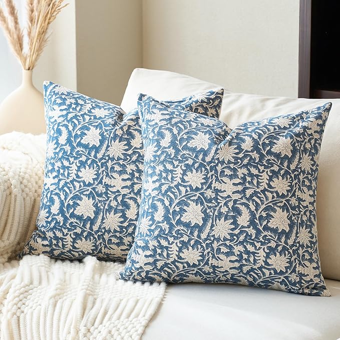 Floral Throw Pillow Covers 24x24 Farmhouse Block Print Pillow Covers Decorative Pillow Covers Couch Pillows for Living Room Vintage Accent Sofa Pillows Set of 2, Vintage Blue