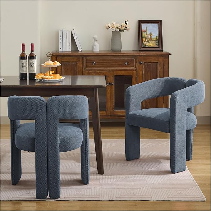 Modern Barrel Dining Chairs, Upholstered Linen Dining Room Chair with Wooden Legs, Accent Chairs for Kitchen/Dining Room/Living Room, Blue