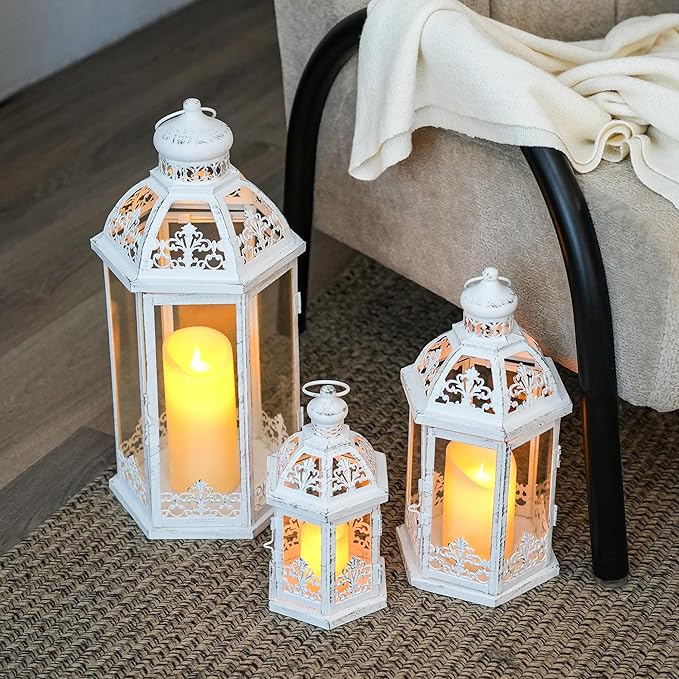 TRIROCKS Large Set of 3 Decorative Lanterns 19''&13.5''&9.5" H Vintage Hanging Lantern Metal Candleholder with Tempered Glass for Indoor Outdoor Home Decor Parties Garden(White with Grey Brush)