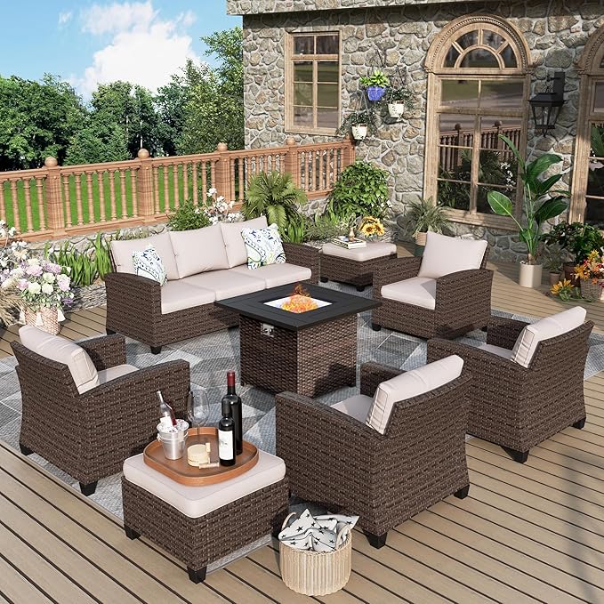 Patio Furniture Set, 8 Pcs Wicker Rattan Outdoor Conversation Set, 4 x Leg Chairs, 1 x 3 Seater Sofa and 2 x Ottomans with 4" Thick Cushion and 32" Fire Pit Table, Beige