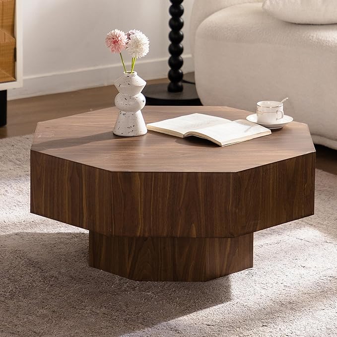 31.51" Coffee Table, Mid Century Modern Accent Coffee Tables, Octagonal-Shaped Wooden Centre End Table for Living Room Home Furniture - Walnut