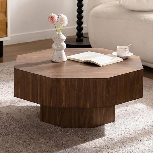 31.51" Coffee Table, Mid Century Modern Accent Coffee Tables, Octagonal-Shaped Wooden Centre End Table for Living Room Home Furniture - Walnut